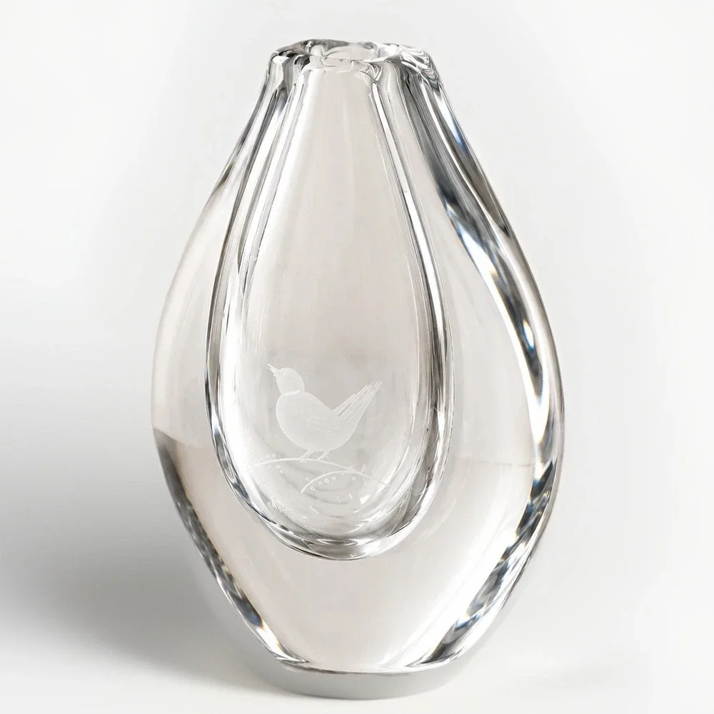Vintage Orrefors Crystal Bud Vase Signed Scandinavian Art Glass Etched Bird